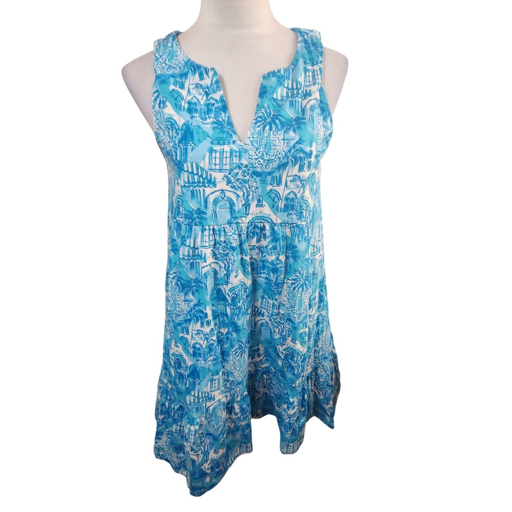 Lilly Pulitzer Lindy Mini Dress‎ Blue Via Mizner Toile Cotton Sleeveless Size M